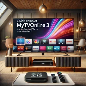 DALL·E 2024 09 03 17.08.38 Create a detailed image that represents a modern sleek setup of the MyTvOnline 3 app being displayed on a large television screen in a stylish living