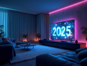 create an image of a futuristic living room setup featuring a sleek tv screen displaying the words bcmv6u5edzqiazlmbeax 1