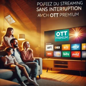 DALL·E 2025 03 27 06.00.23 An inviting promotional image showing a happy family sitting on a couch watching OTT PREMIUM on a big screen TV. The room is cozy warm lighting and