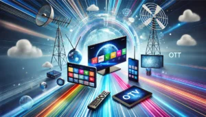 DALL·E 2024 12 04 18.27.59 A conceptual image representing the evolution of television technology from traditional cable TV to OTT streaming. The scene includes a smart TV a ta