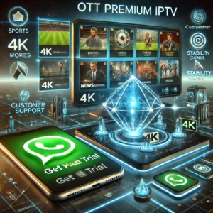 DALL·E 2025 04 10 12.34.41 A futuristic user interface showing OTT Premium IPTV on a smart TV and tablet screen displaying live sports movies and news channels in 4K quality