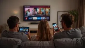 Famille comparant OTT Premium et autres services IPTV pour leurs soirées TV