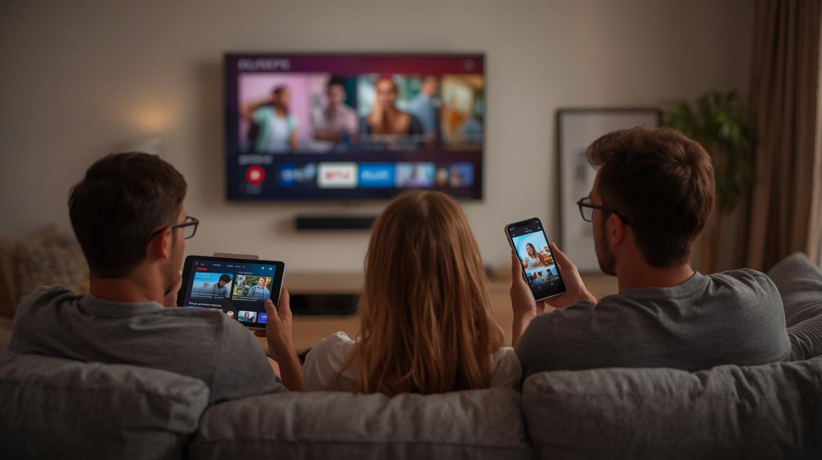 Famille comparant OTT Premium et autres services IPTV pour leurs soirées TV